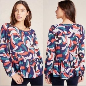 Maeve Anthropologie Cheyenne Bird Print Long Sleeve Peplum Blouse Size Small